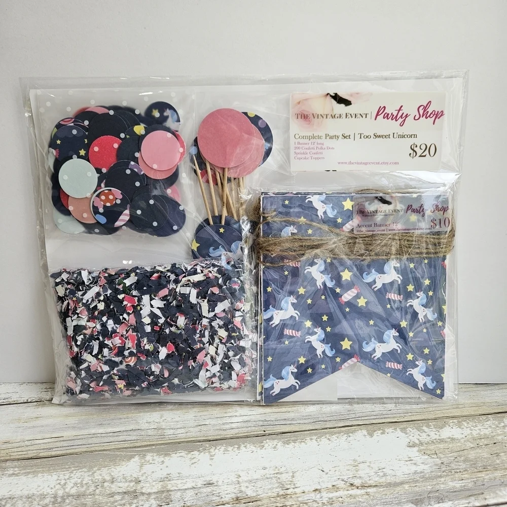 Navy Blue and Pink Unicorn Party Decoration Set with Confetti